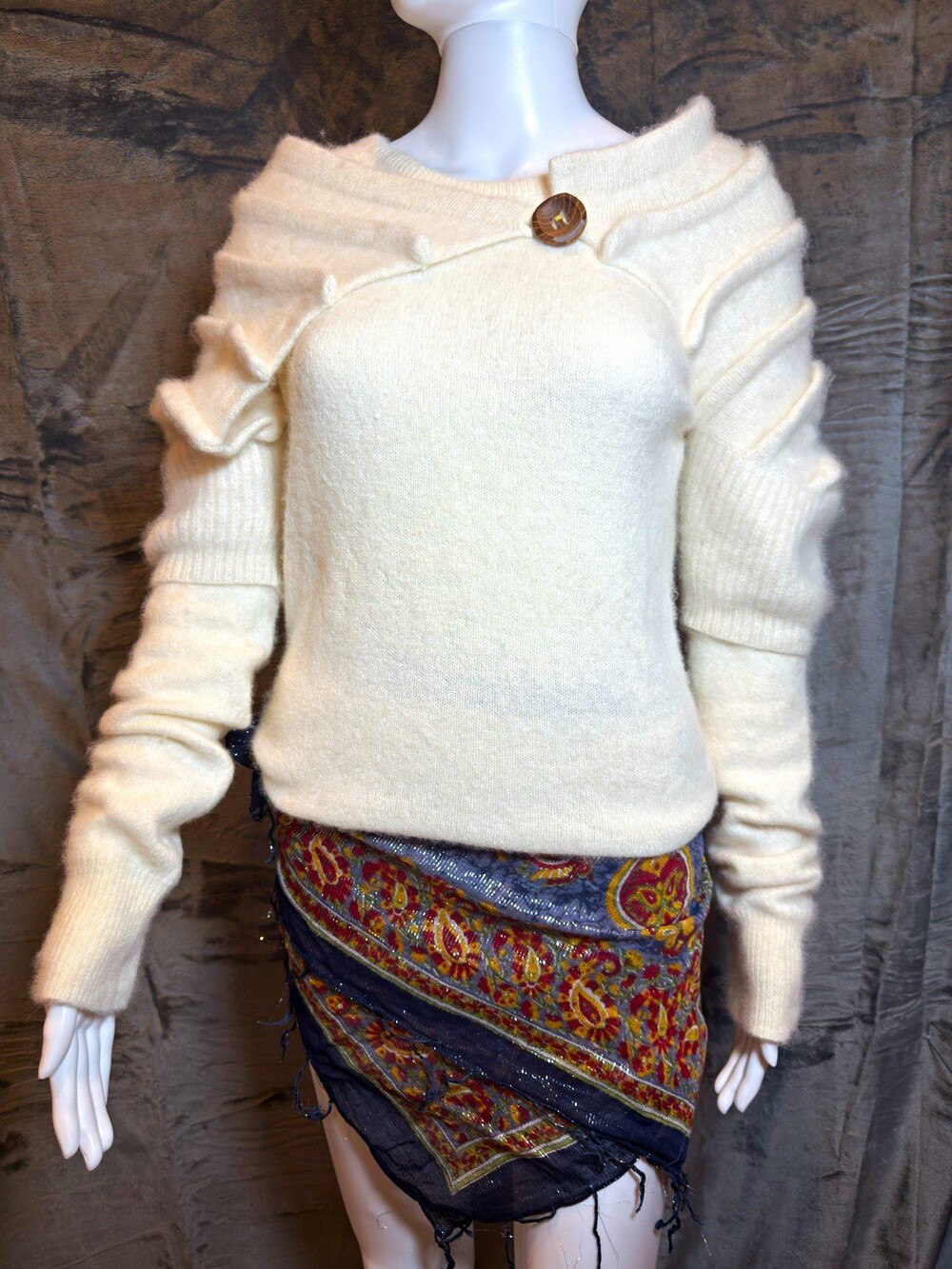 Diesel Avant- Gard L Ivory Angora Boat Neck Pullover Sweater Lg Brown Button
